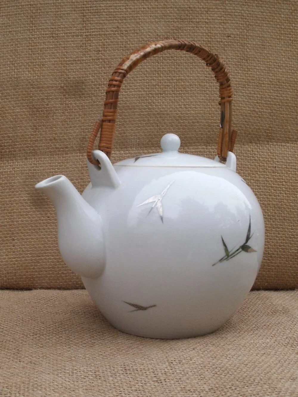 Vintage Otagiri Brushstroke Bamboo Teapot Rattan Handle